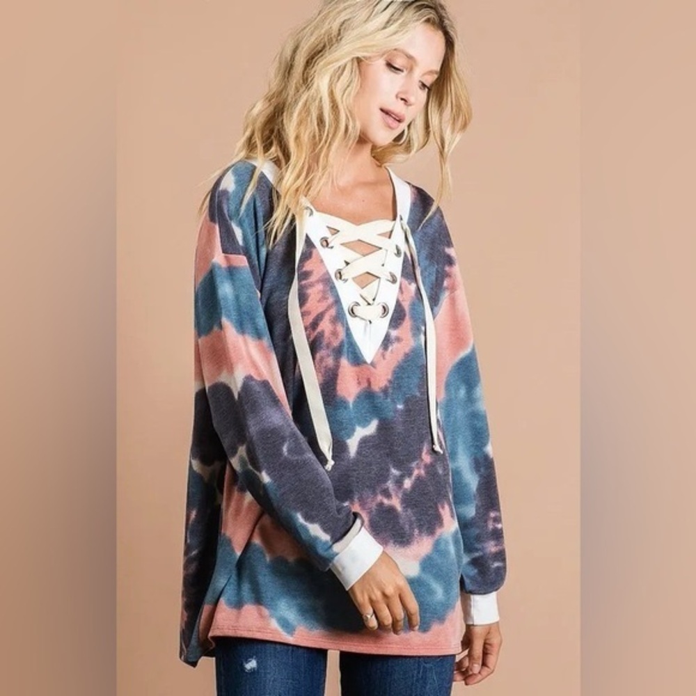 BiBi Tie Dye Deep V-Neck Top with Lace Up Front